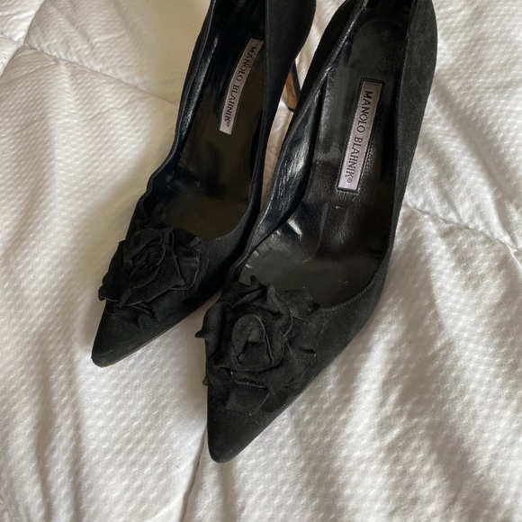 Suede Manolo Blahnik Heels w/ Flower Detail - Picture 2 of 6